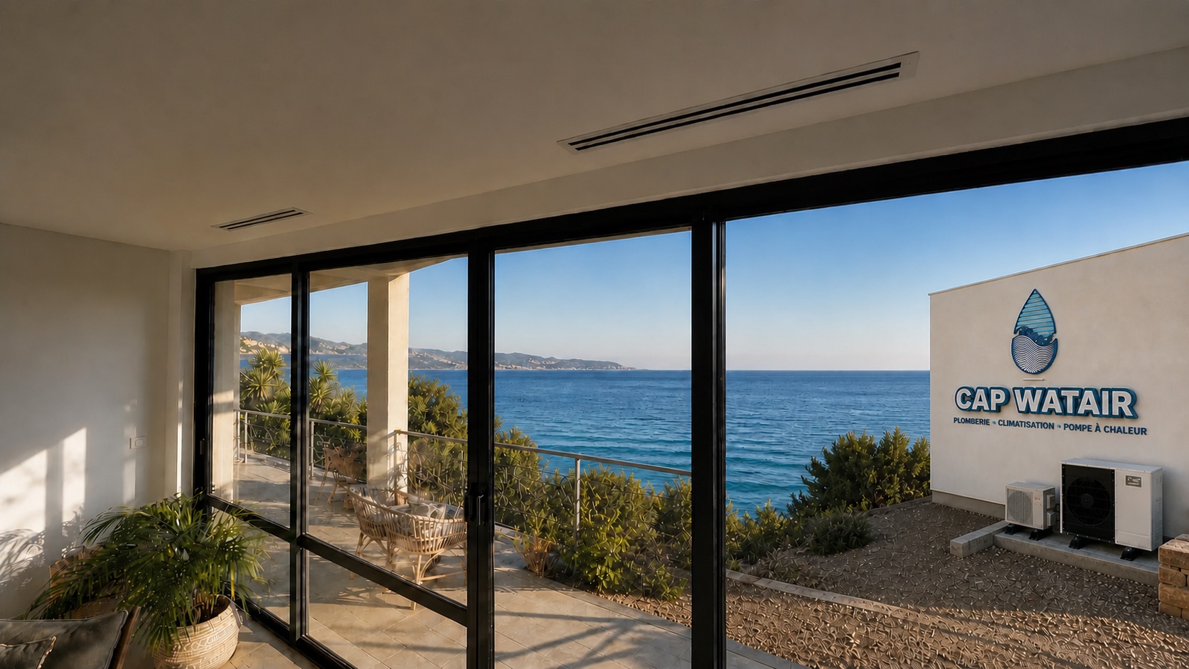 Vue mer depuis un intérieur équipé d’une climatisation gainable avec façade Cap Watair