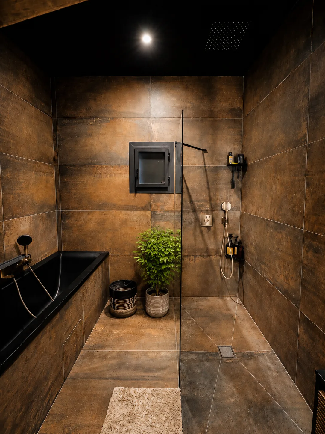 Salle de bains contemporaine effet cuivre avec douche et baignoire